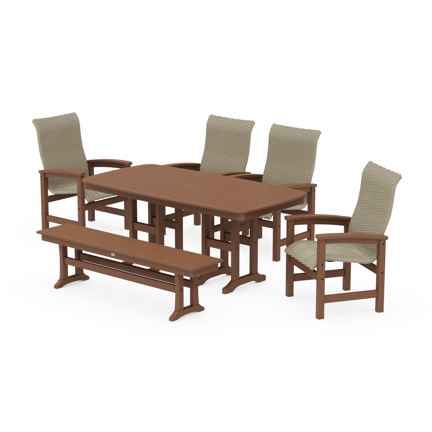 POLYWOOD Coastal Woven High-Back 6-Piece Farmhouse Dining Set with Bench — Teak / Dune Grass