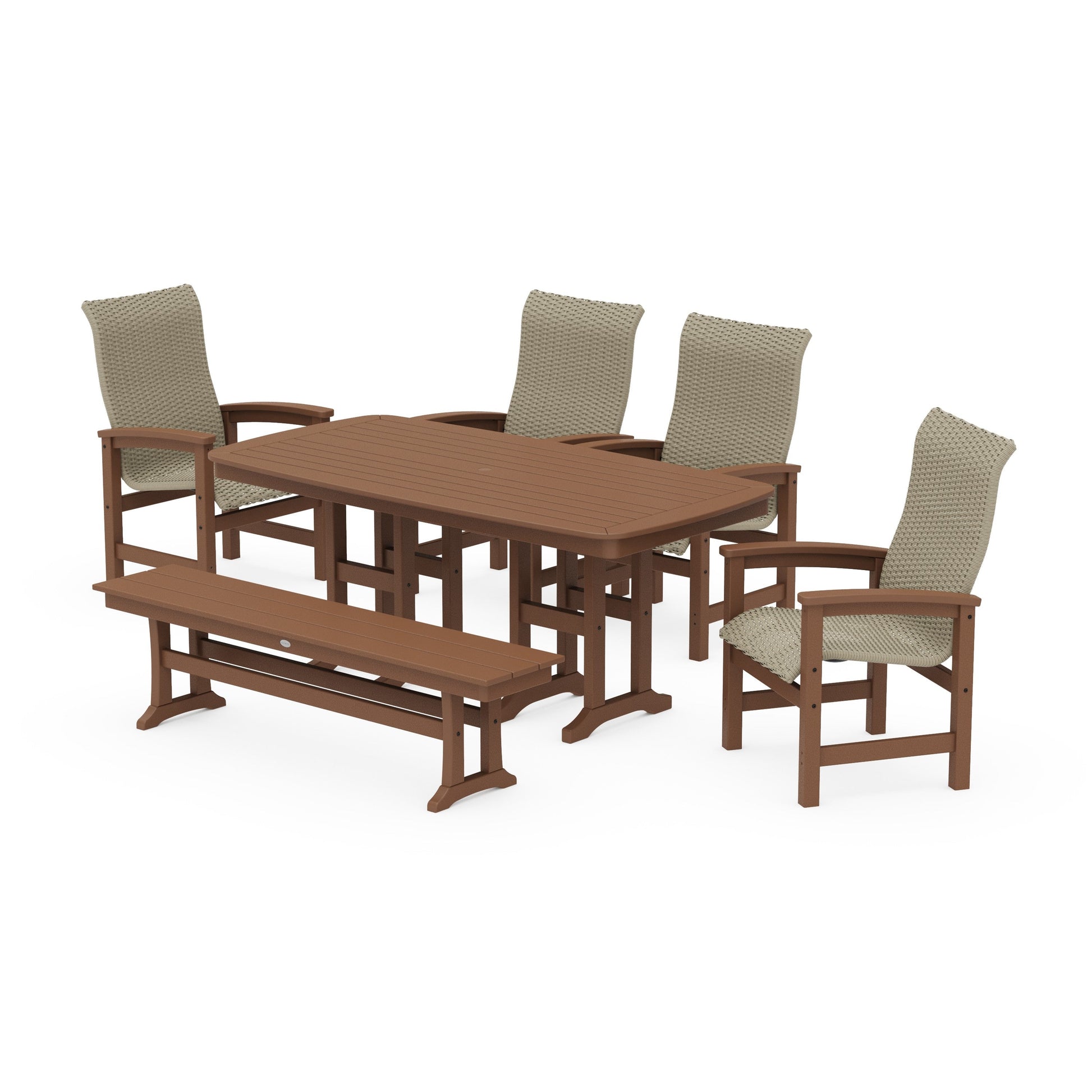POLYWOOD Coastal Woven High-Back 6-Piece Farmhouse Dining Set with Bench — Teak / Dune Grass