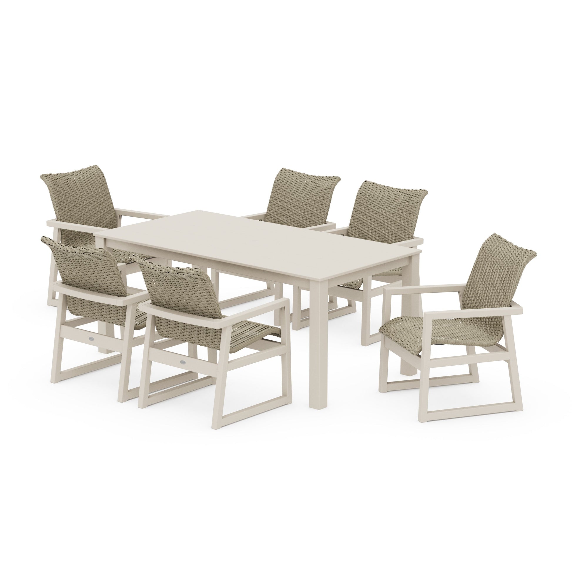 POLYWOOD EDGE Woven Arm Chair 7-Piece Parsons Dining Set — Sand / Dune Grass