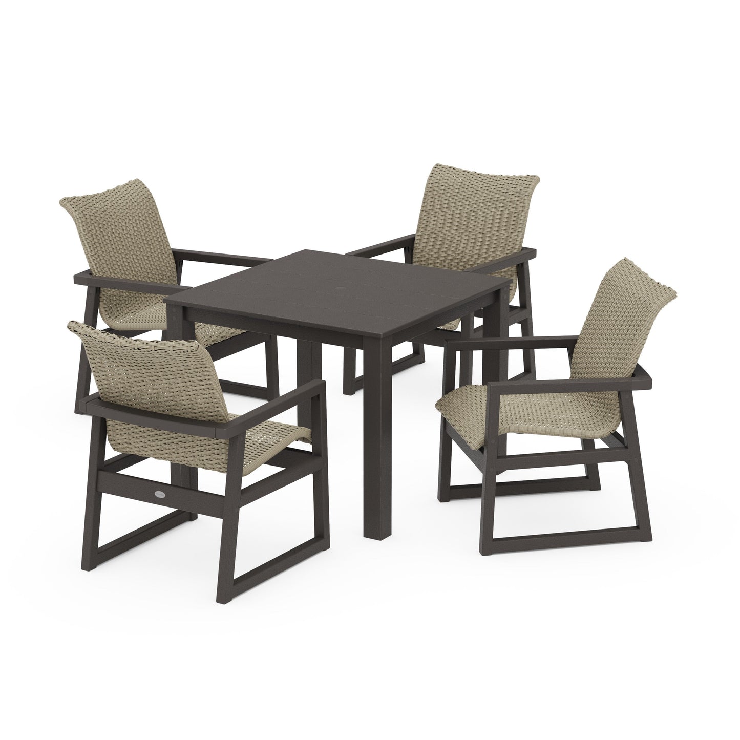 POLYWOOD EDGE Woven 5-Piece Parsons Dining Set — Vintage Coffee / Dune Grass