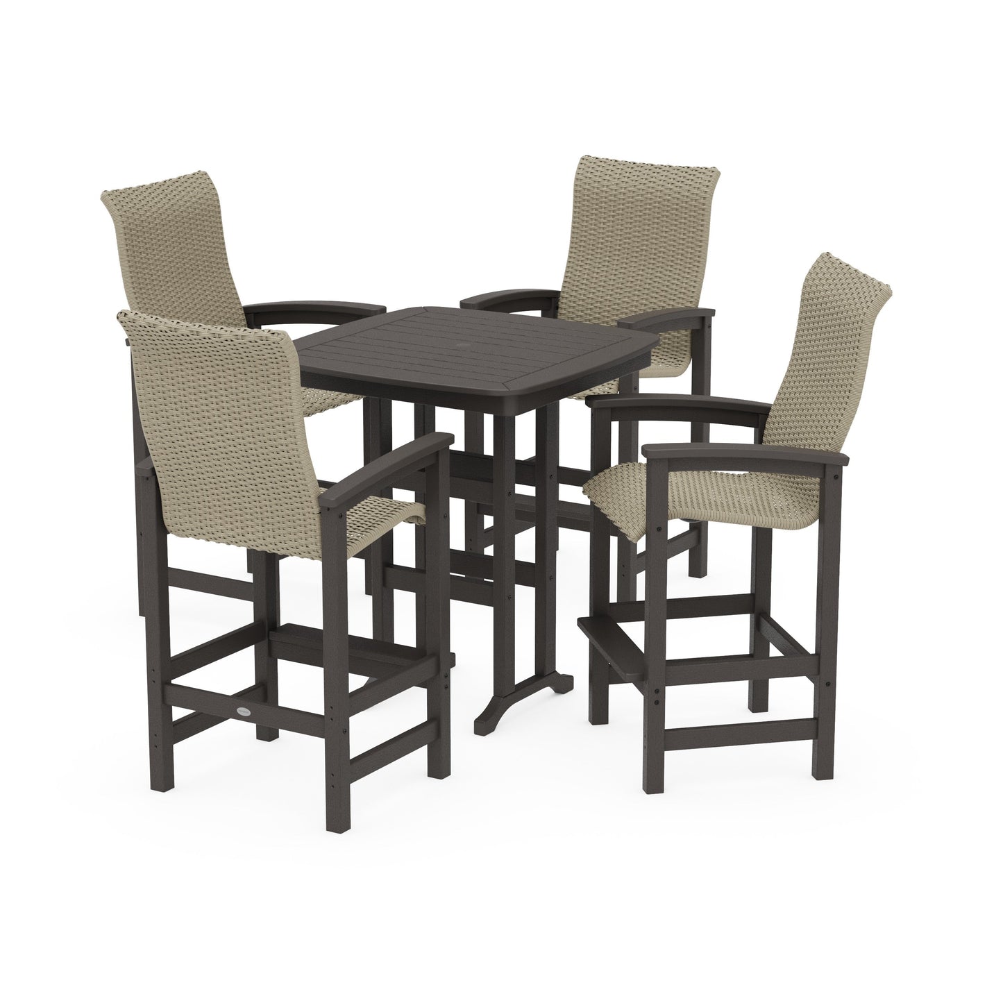 POLYWOOD Coastal Woven High-Back 5-Piece Bar Set — Vintage Coffee / Dune Grass