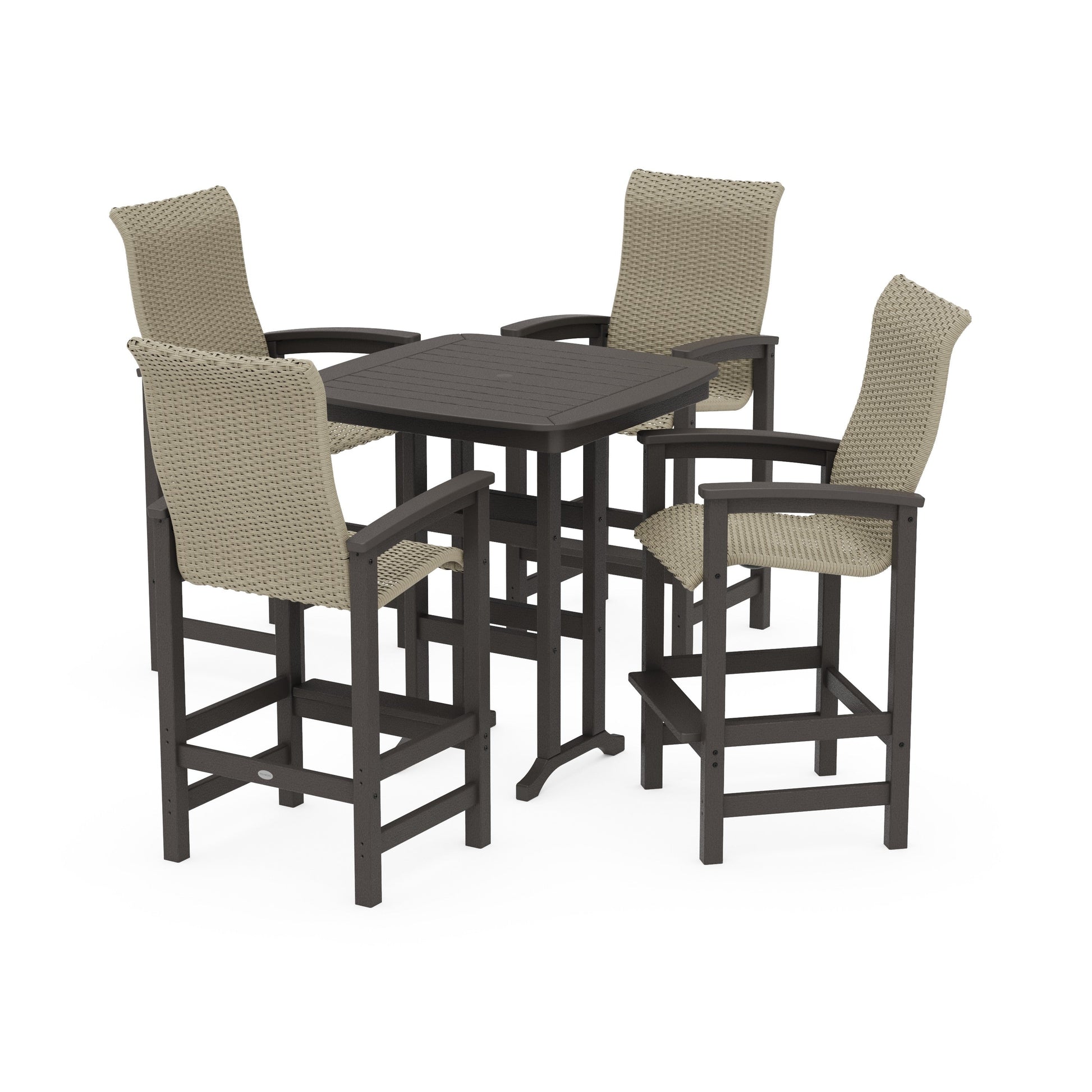 POLYWOOD Coastal Woven High-Back 5-Piece Bar Set — Vintage Coffee / Dune Grass