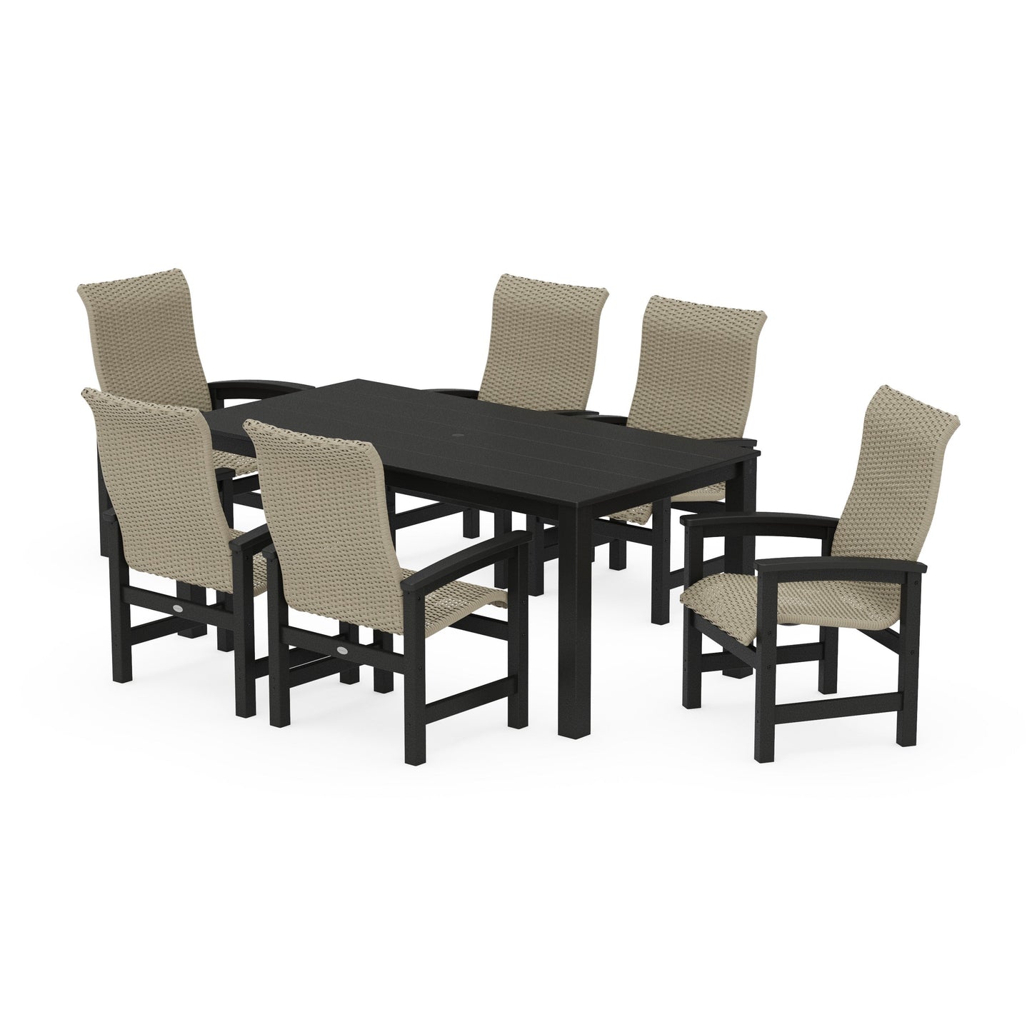 POLYWOOD Coastal Woven High-Back Arm Chair 7-Piece Parsons Dining Set — Black / Dune Grass