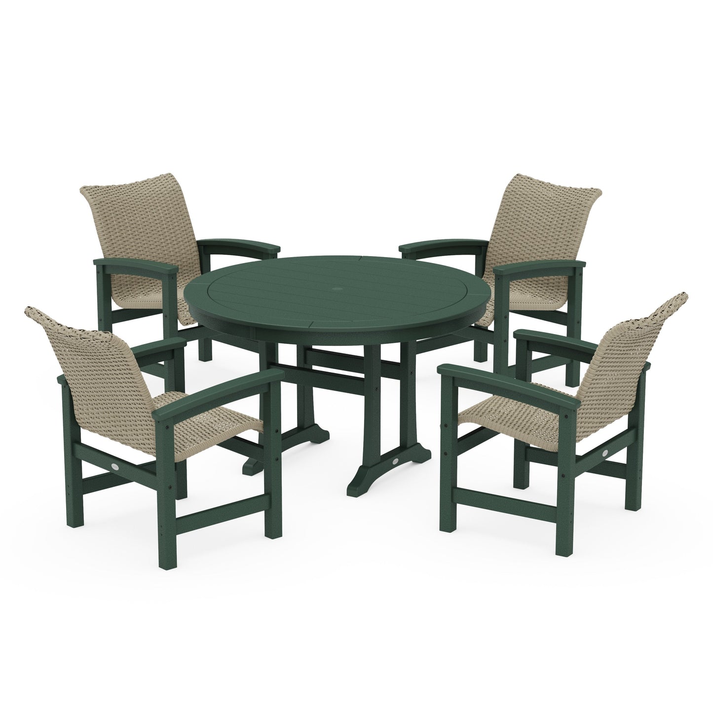POLYWOOD Coastal Woven 5-Piece Round Dining Set with Trestle Legs — Green / Dune Grass