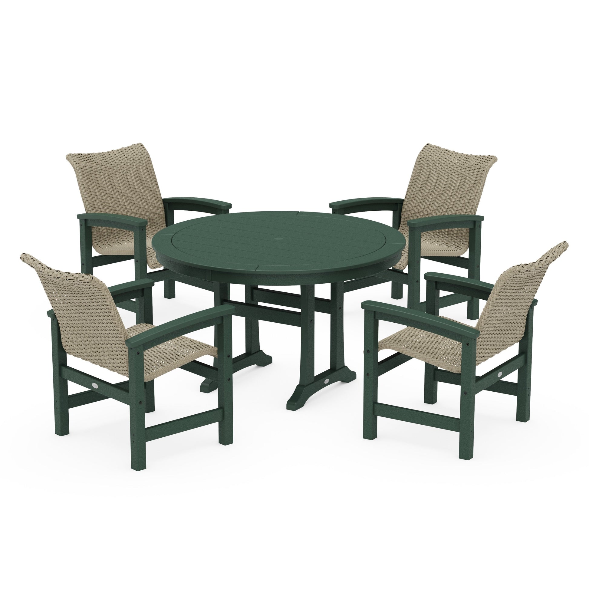 POLYWOOD Coastal Woven 5-Piece Round Dining Set with Trestle Legs — Green / Dune Grass