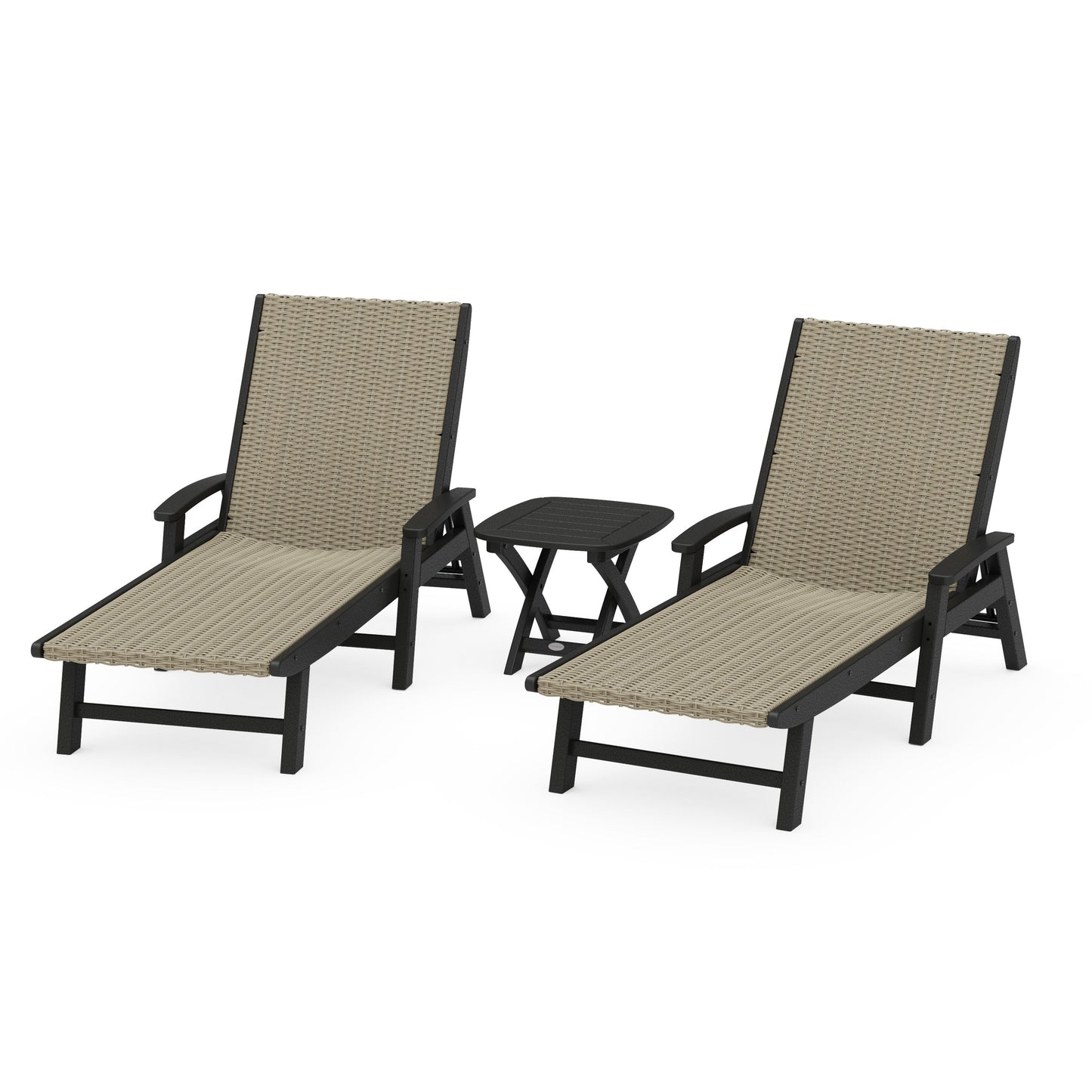 POLYWOOD 3 - Piece Coastal Woven Chaise with Arms Chaise Lounge Set — Black / Dune Grass