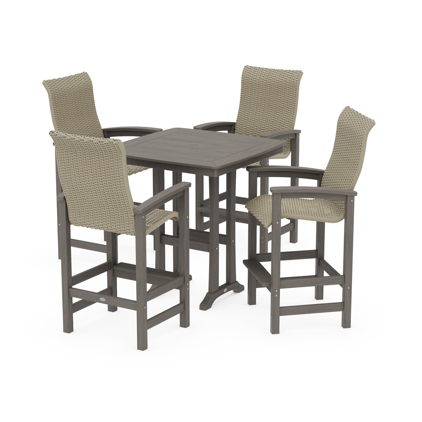 POLYWOOD Coastal Woven High-Back 5-Piece Bar Set with Trestle Legs — Driftwood / Dune Grass