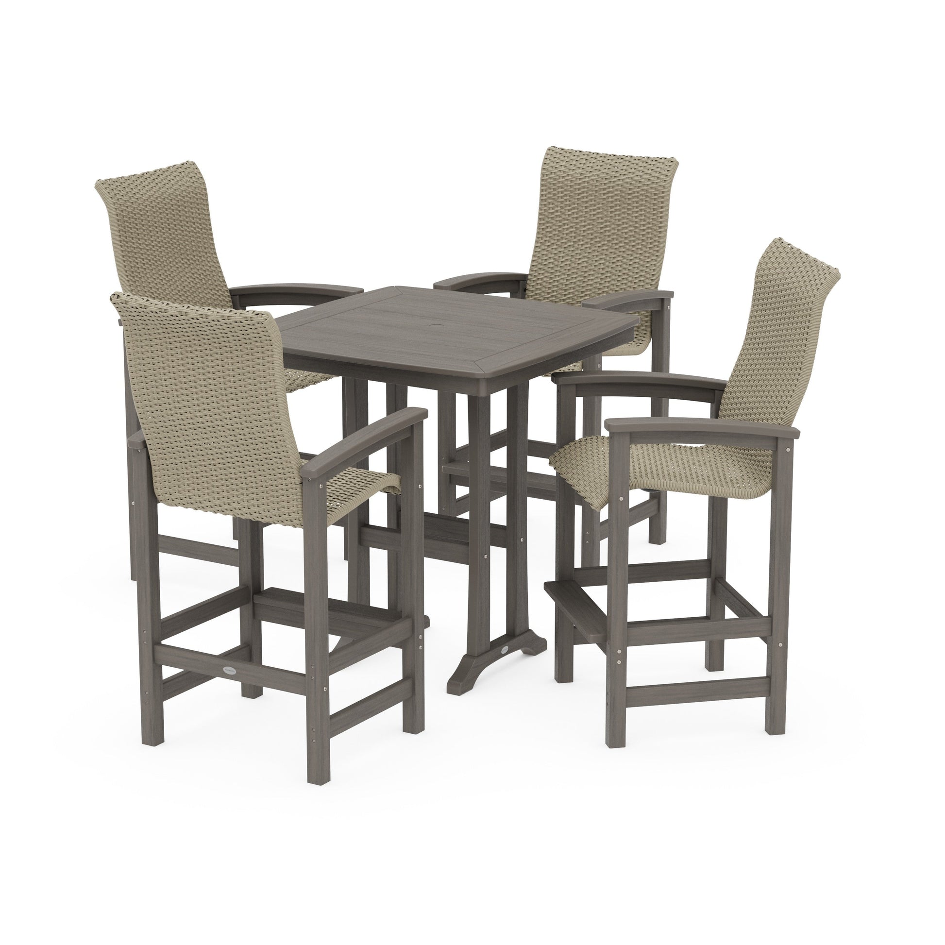 POLYWOOD Coastal Woven High-Back 5-Piece Bar Set with Trestle Legs — Driftwood / Dune Grass