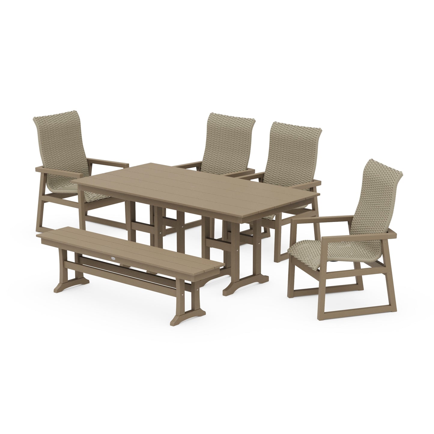 POLYWOOD EDGE Woven Highback 6-Piece Farmhouse Dining Set with Bench — Vintage Sahara / Dune Grass