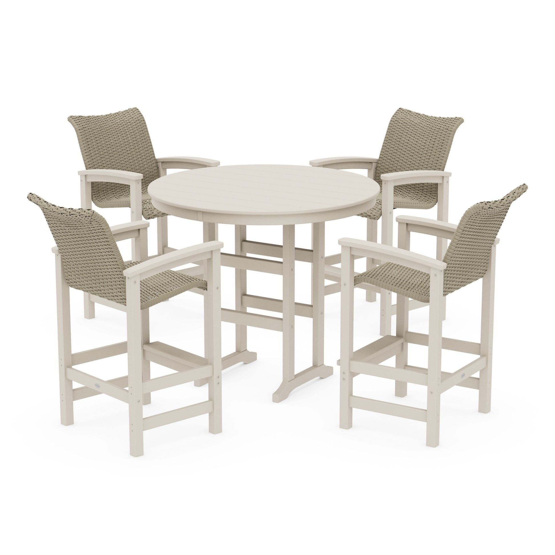 POLYWOOD Coastal Woven 5-Piece Round Farmhouse Bar Set — Sand / Dune Grass