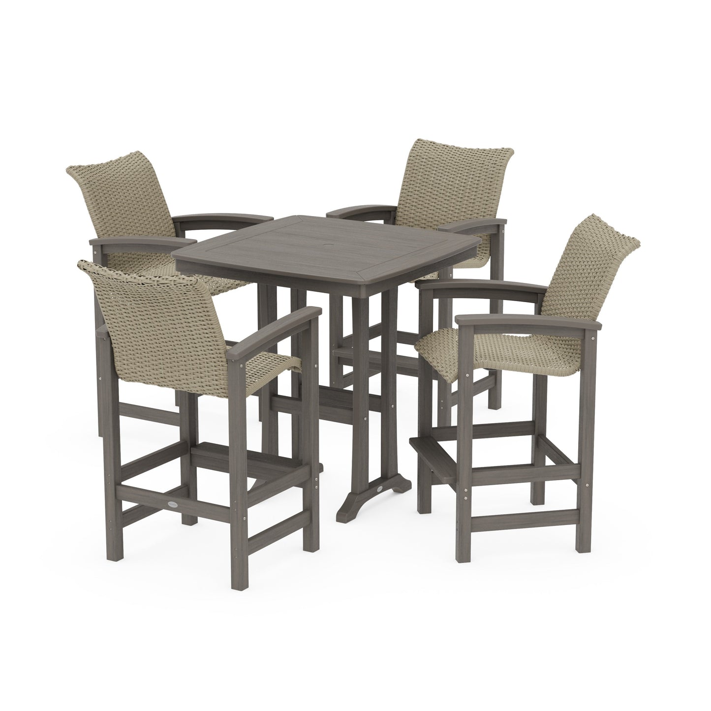 POLYWOOD Coastal Woven 5-Piece Bar Set with Trestle Legs — Driftwood / Dune Grass