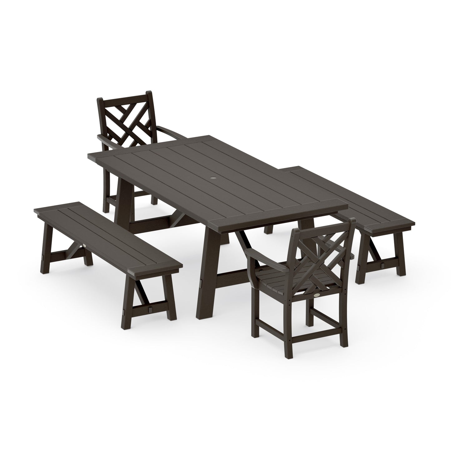 POLYWOOD Chippendale 5-Piece Rustic Farmhouse Dining Set With Benches — Vintage Coffee