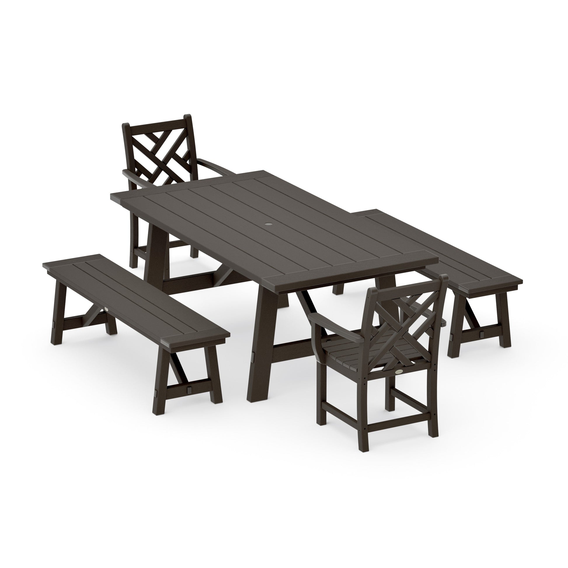 POLYWOOD Chippendale 5-Piece Rustic Farmhouse Dining Set With Benches — Vintage Coffee