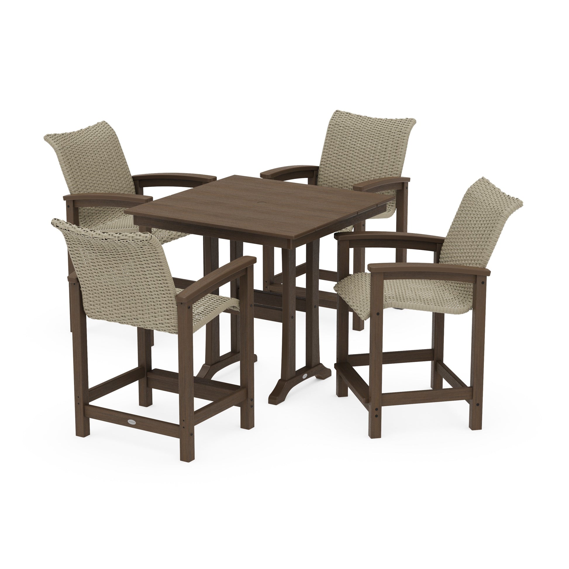 POLYWOOD Coastal Woven 5-Piece Farmhouse Counter Set with Trestle Legs — Kona / Dune Grass