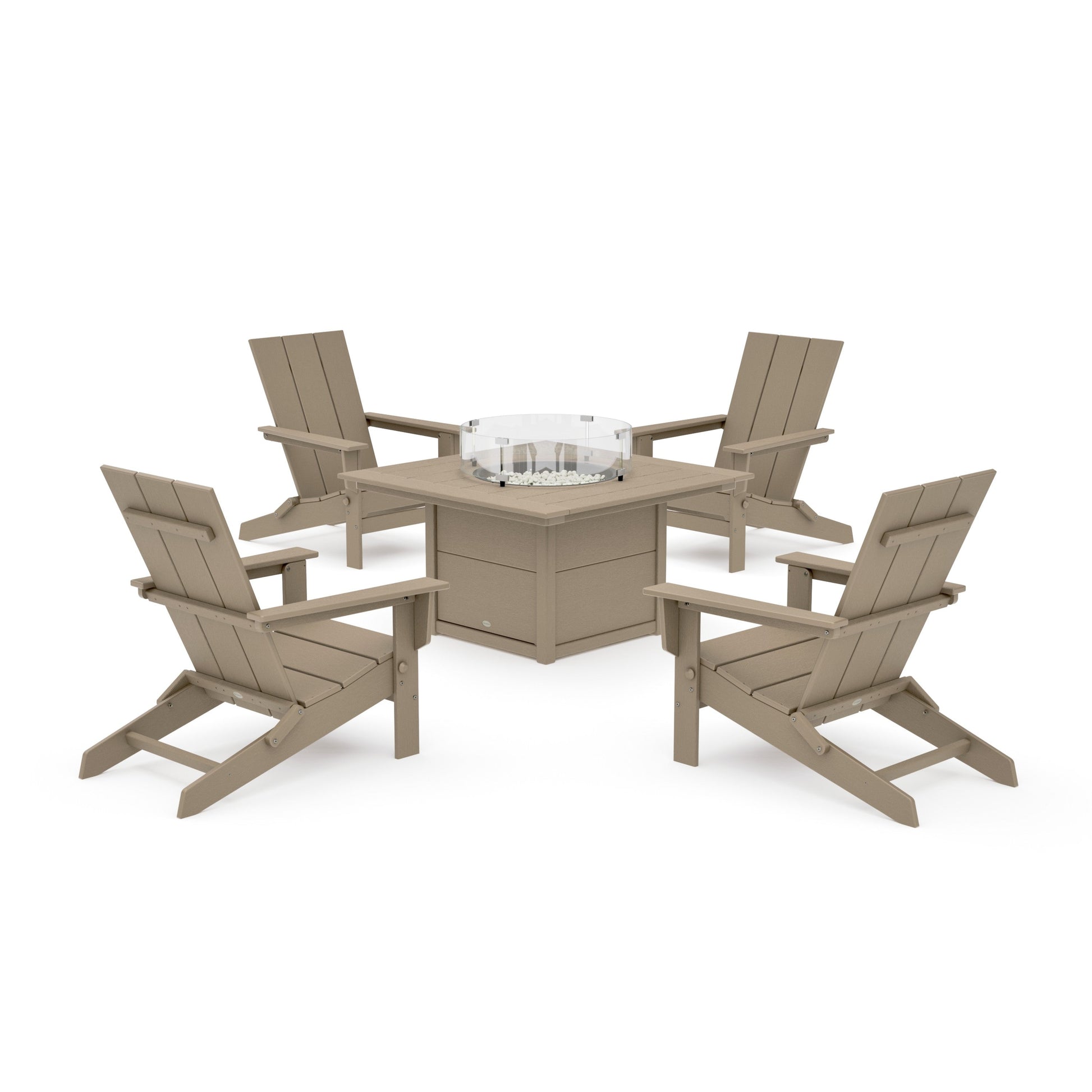 POLYWOOD 5-Piece Modern Studio Folding Adirondack Conversation Set with Fire Pit Table — Vintage Sahara