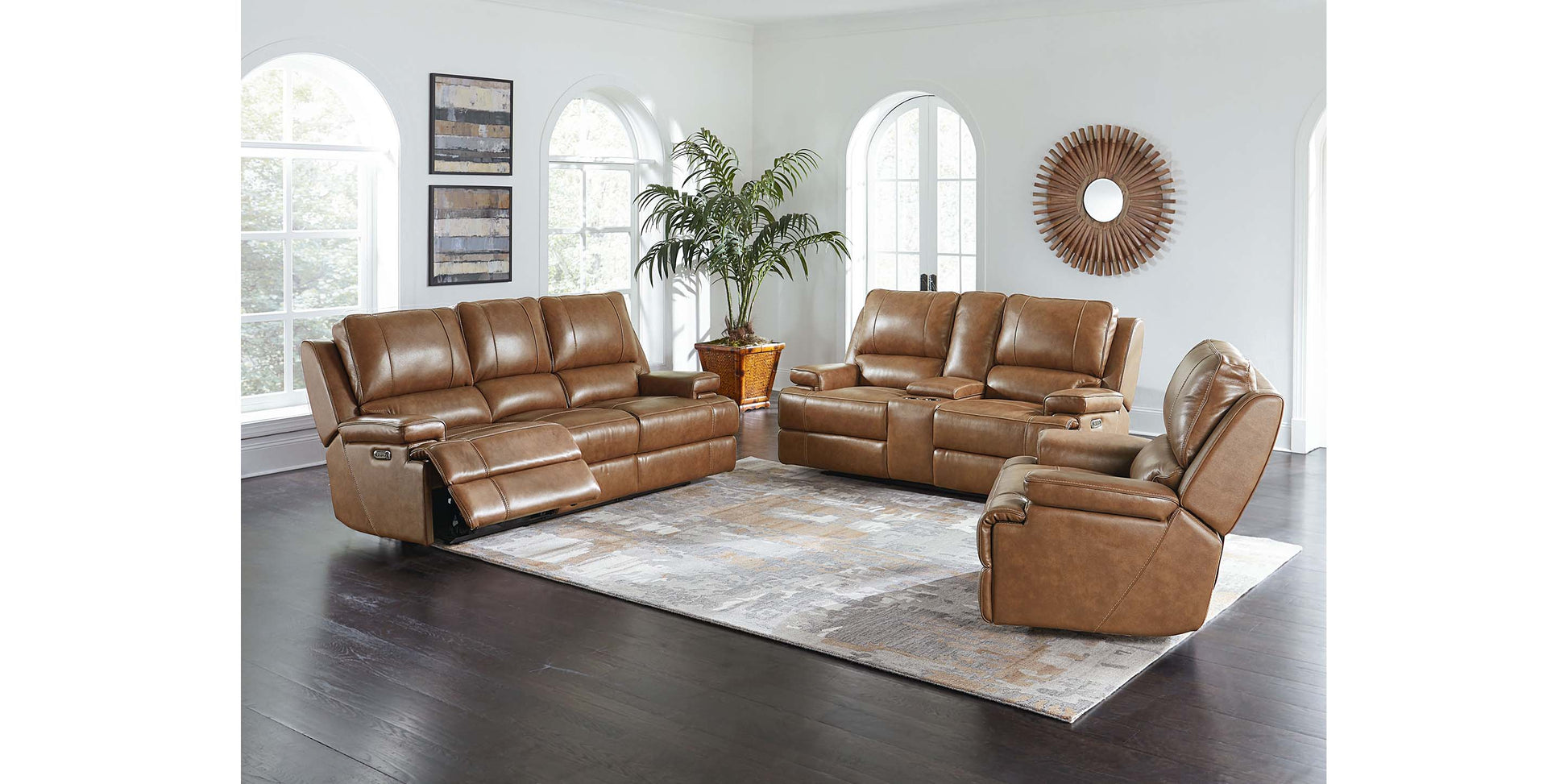 Bassett Club Level Parsons Leather Power Reclining Sectional — Bassett manufacturer gallery — Parsons Umber — Curved Motion Sectional