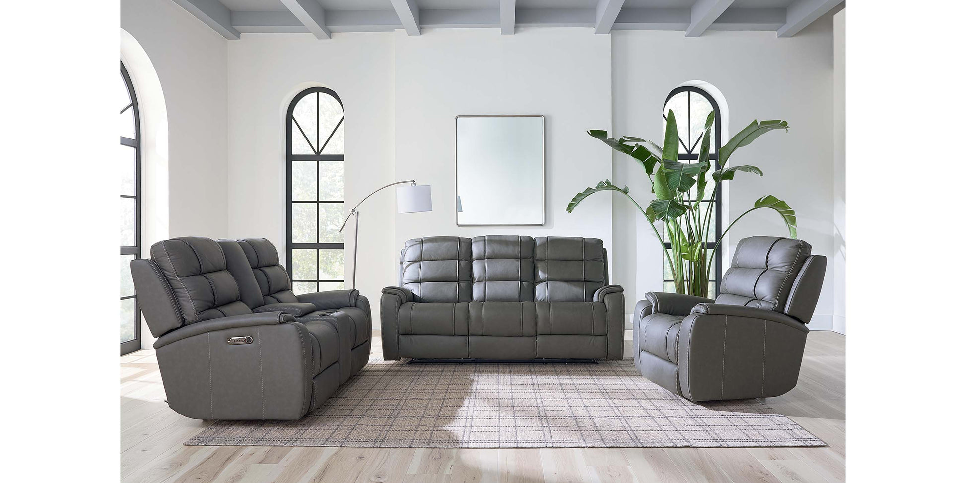 Bassett Club Level Wendell Leather Power Reclining Loveseat with Center Console — Bassett manufacturer gallery — Wendell Gunmetal — Loveseat w/Power & Console