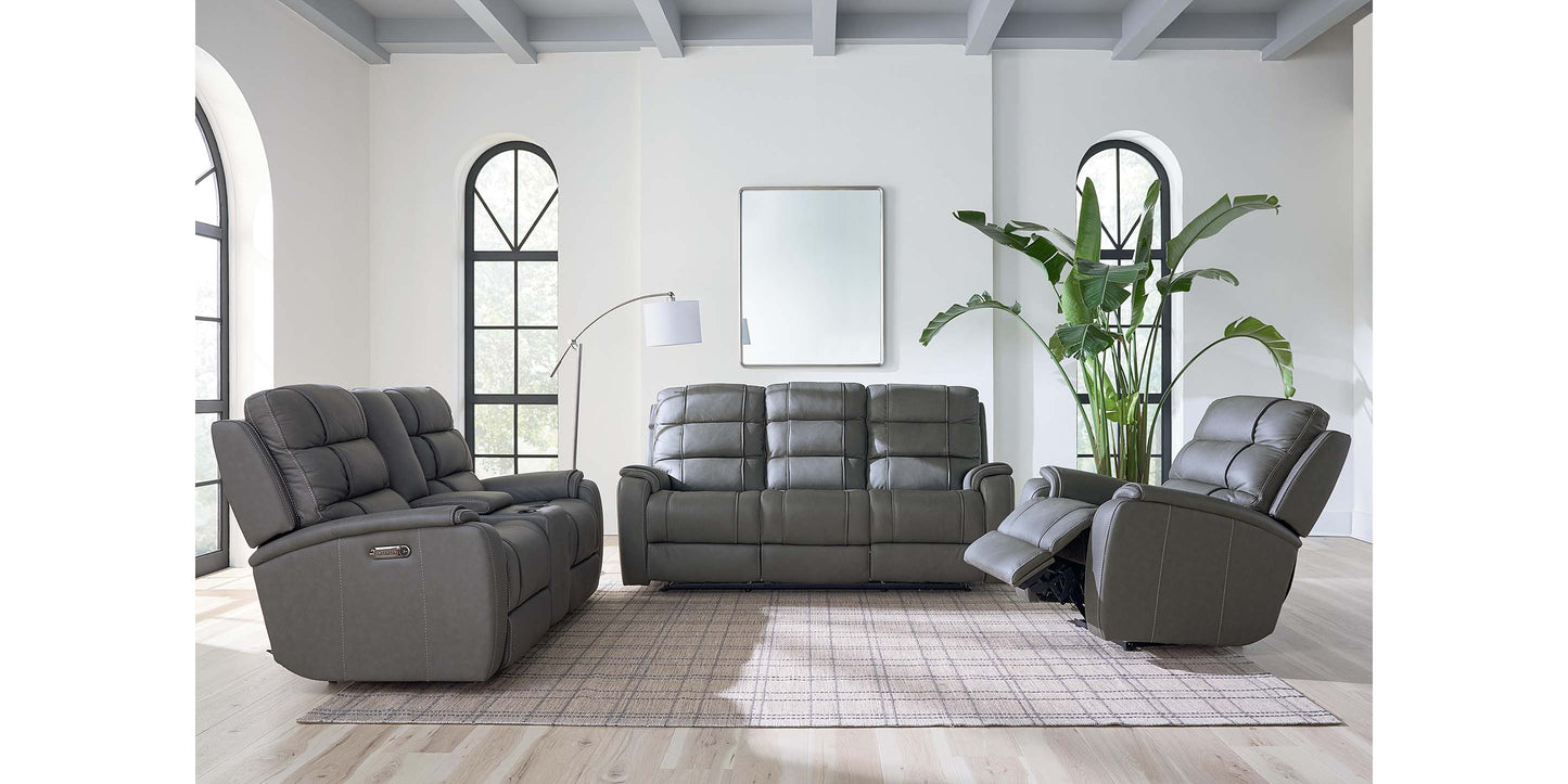Bassett Club Level Wendell Leather Power Reclining Loveseat with Center Console — Bassett manufacturer gallery — Wendell Gunmetal — Loveseat w/Power & Console