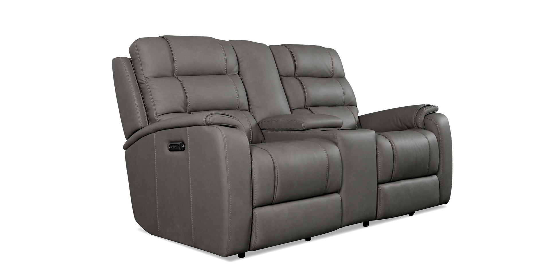 Bassett Club Level Wendell Leather Power Reclining Loveseat with Center Console — Bassett manufacturer gallery — Wendell Gunmetal — Loveseat w/Power & Console