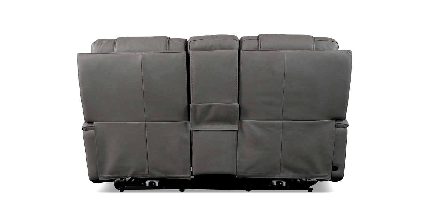 Bassett Club Level Wendell Leather Power Reclining Loveseat with Center Console — Bassett manufacturer gallery — Wendell Gunmetal — Loveseat w/Power & Console