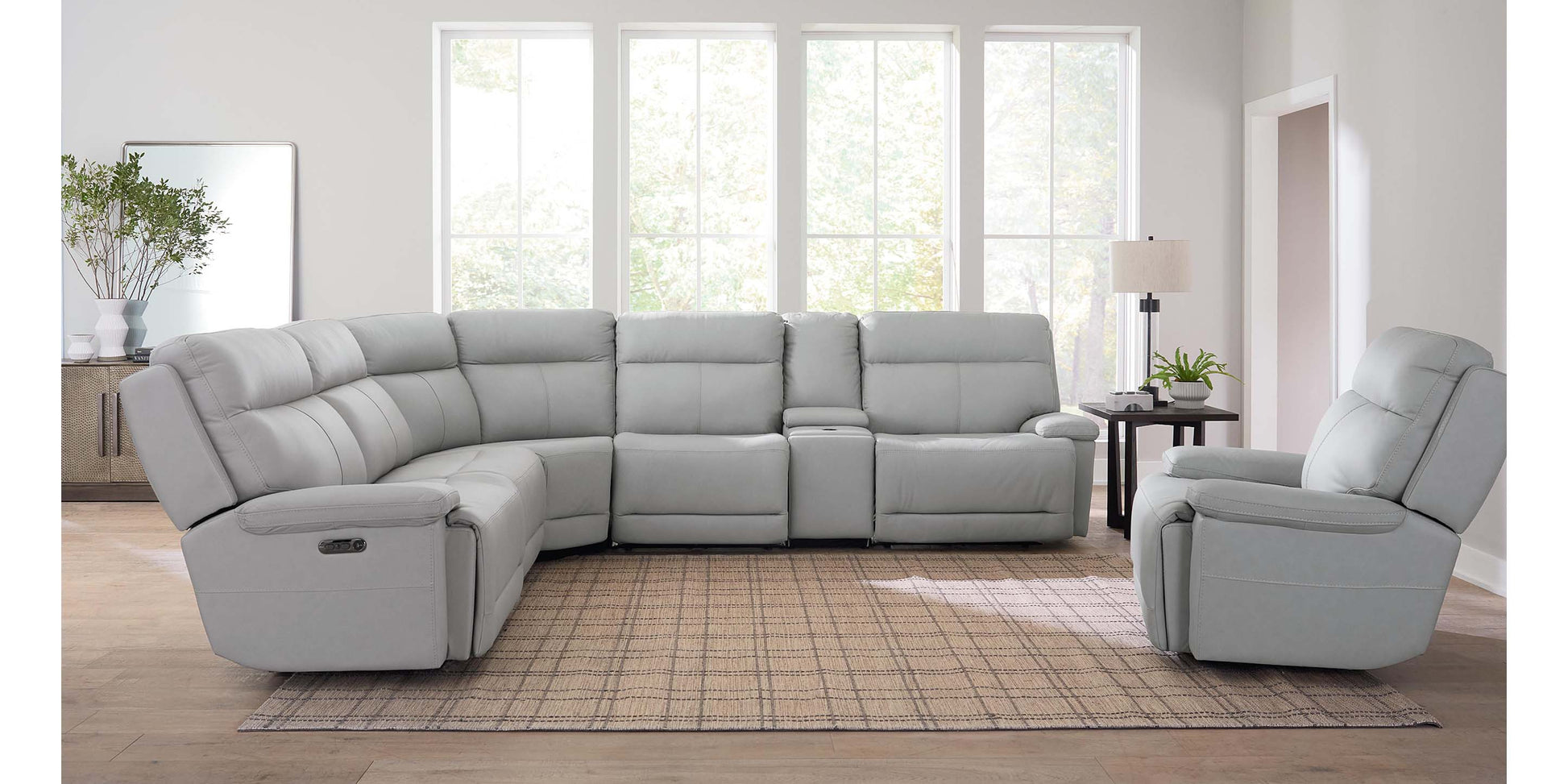 Bassett Club Level Fletcher Leather Power Reclining Sectional — Bassett manufacturer gallery — Curved Motion Sectional image number 1