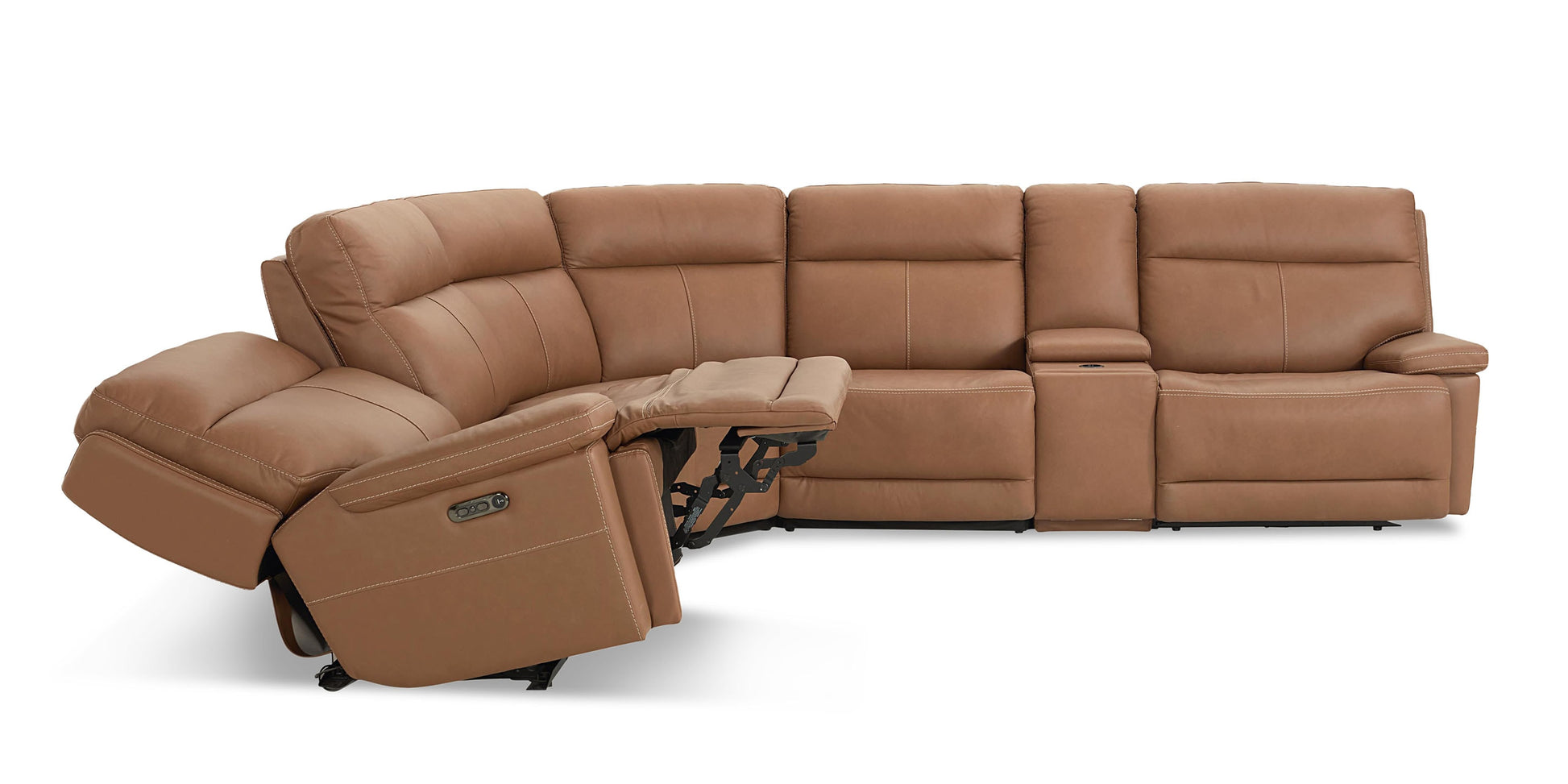 Bassett Club Level Fletcher Leather Power Reclining Sectional — Bassett manufacturer gallery — Fletcher Antelope — Curved Motion Sectional