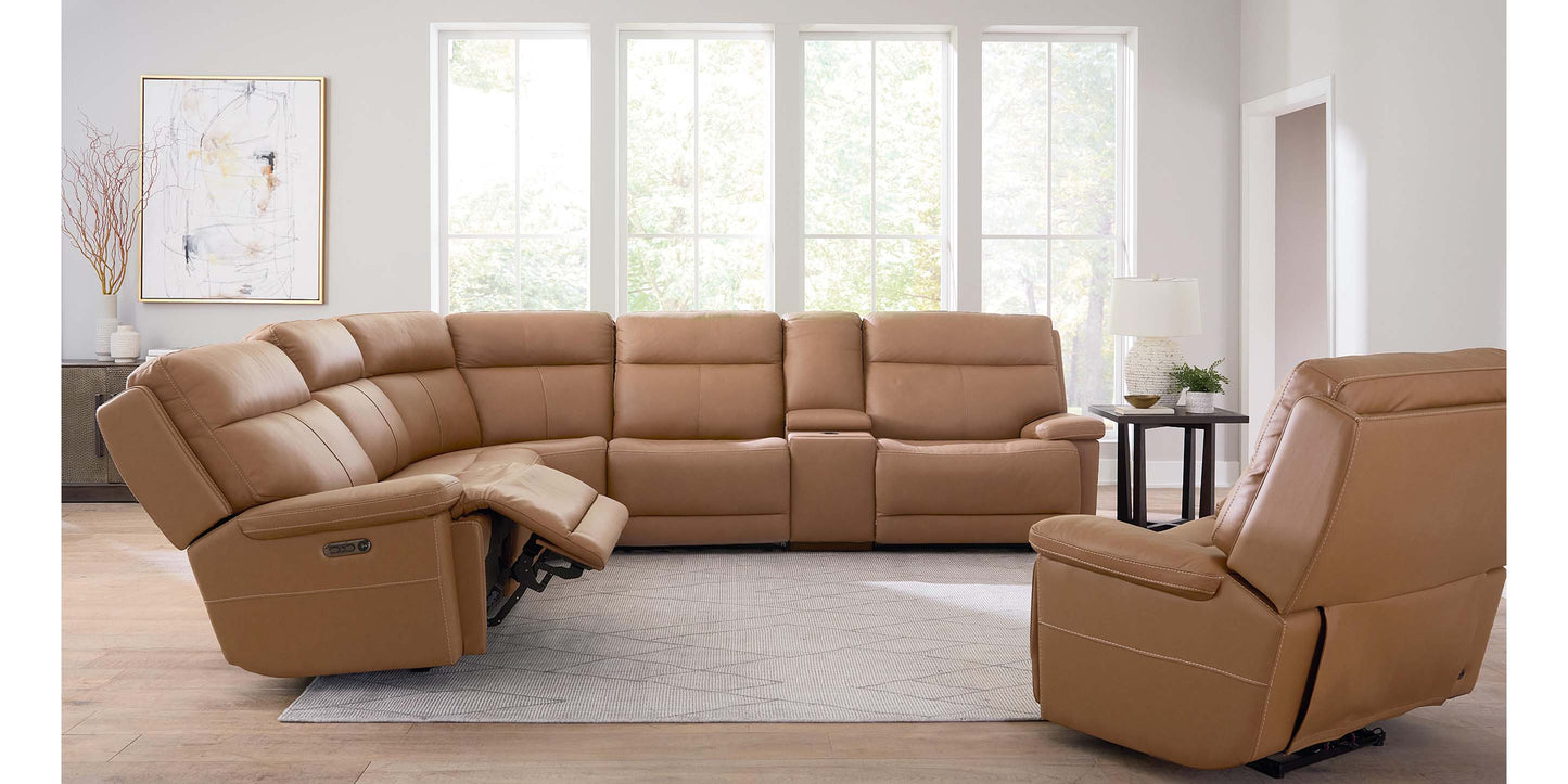 Bassett Club Level Fletcher Leather Power Reclining Sectional — Bassett manufacturer gallery — Fletcher Antelope — Curved Motion Sectional