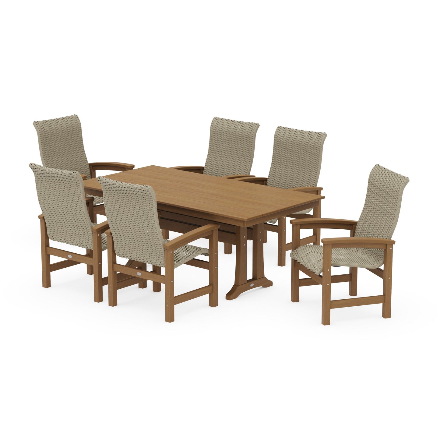 POLYWOOD Coastal Woven High-Back Arm Chair 7-Piece Farmhouse Dining Set with Trestle Legs — Natural / Dune Grass