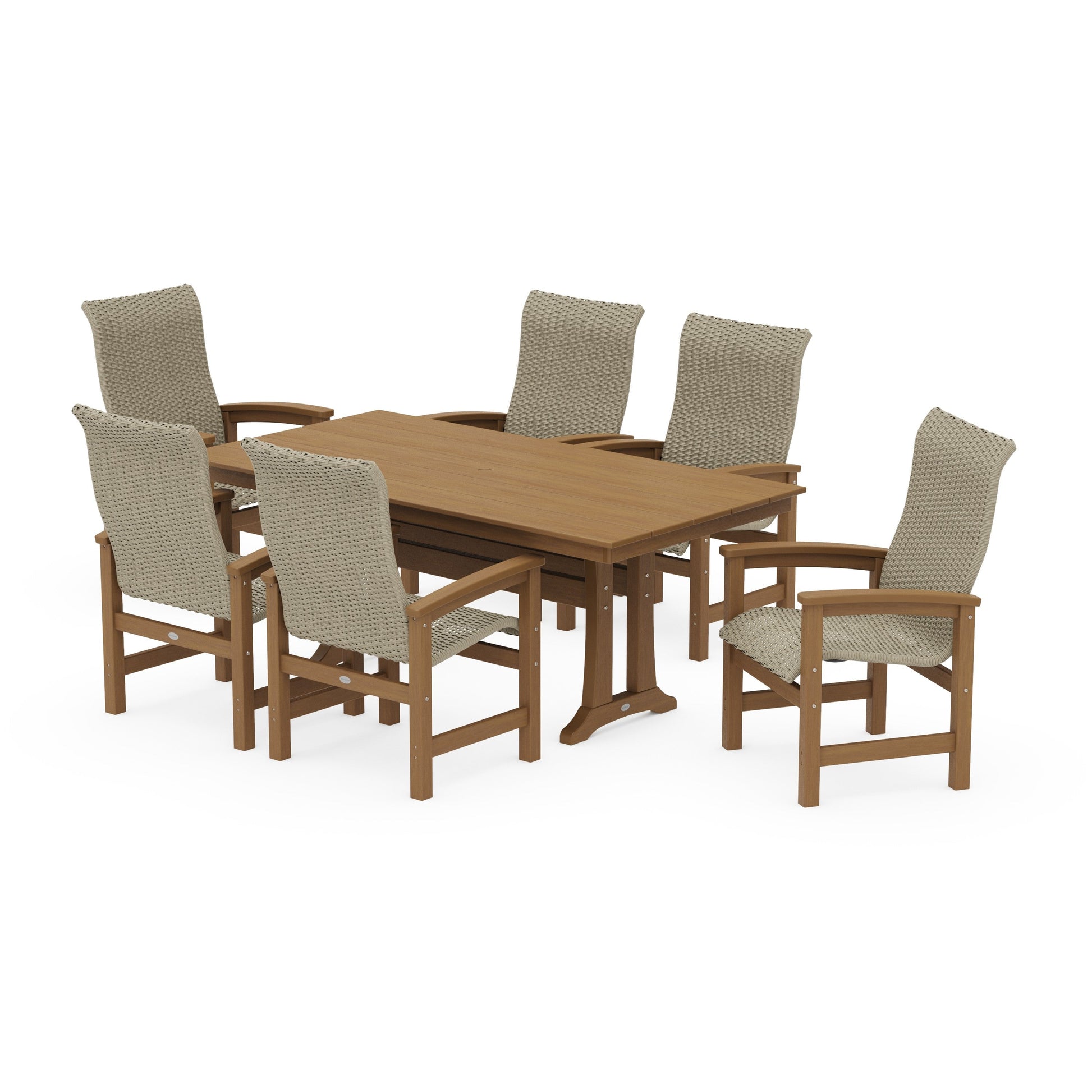 POLYWOOD Coastal Woven High-Back Arm Chair 7-Piece Farmhouse Dining Set with Trestle Legs — Natural / Dune Grass