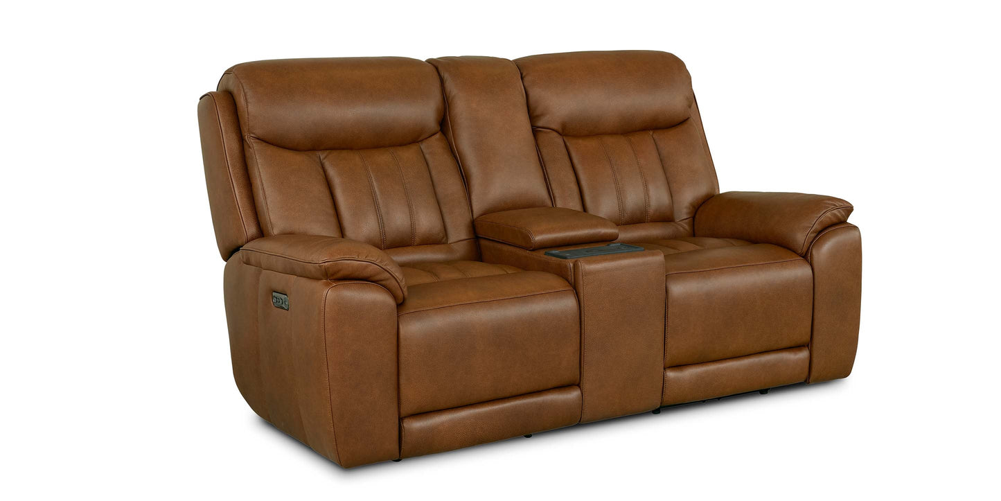 Bassett Club Level Benson Leather Power Reclining Loveseat with Center Console — Bassett manufacturer gallery — Power Loveseat w/ console image number 7