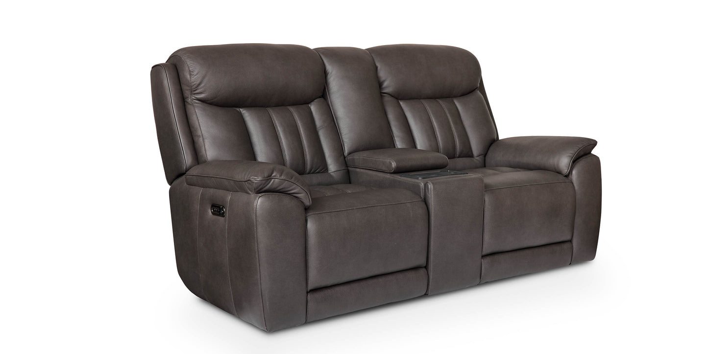 Bassett Club Level Benson Leather Power Reclining Loveseat with Center Console — Bassett manufacturer gallery — Benson Tuscan Gunmetal — Power Loveseat w/ console