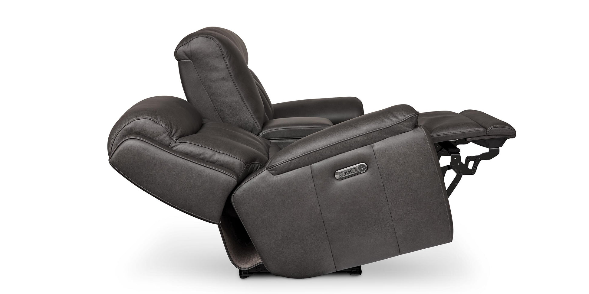 Bassett Club Level Benson Leather Power Reclining Loveseat with Center Console — Bassett manufacturer gallery — Benson Tuscan Gunmetal — Power Loveseat w/ console