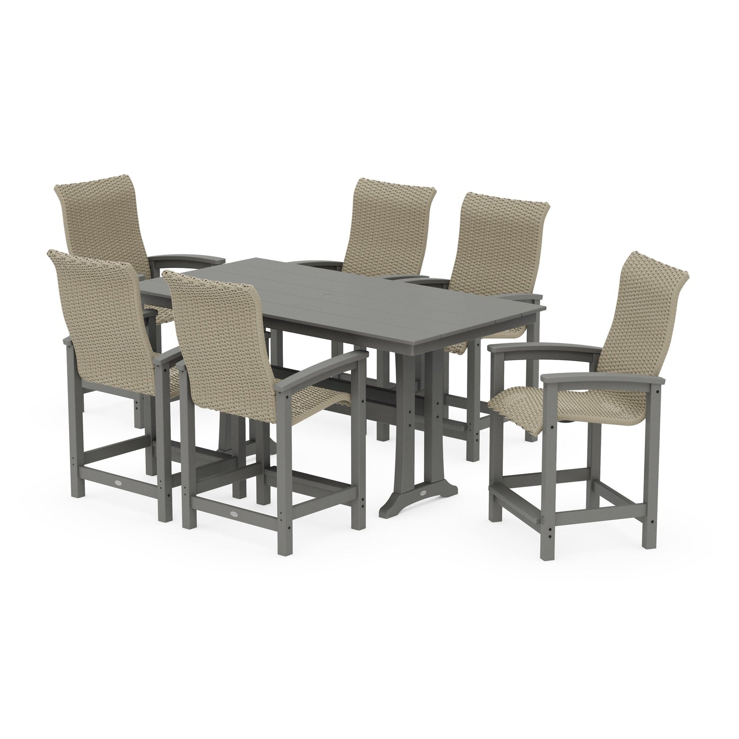 POLYWOOD Coastal Woven High-Back Arm Chair 7-Piece Farmhouse Counter Set with Trestle Legs — Slate Grey / Dune Grass