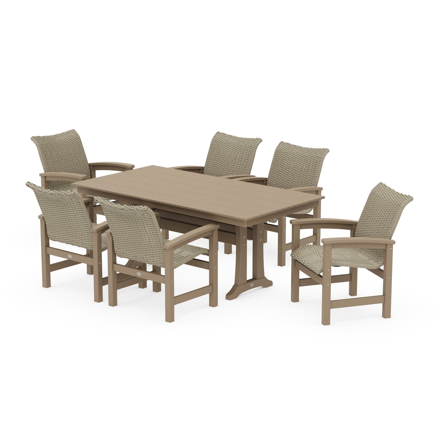 POLYWOOD Coastal Woven Arm Chair 7-Piece Farmhouse Dining Set with Trestle Legs — Vintage Sahara / Dune Grass