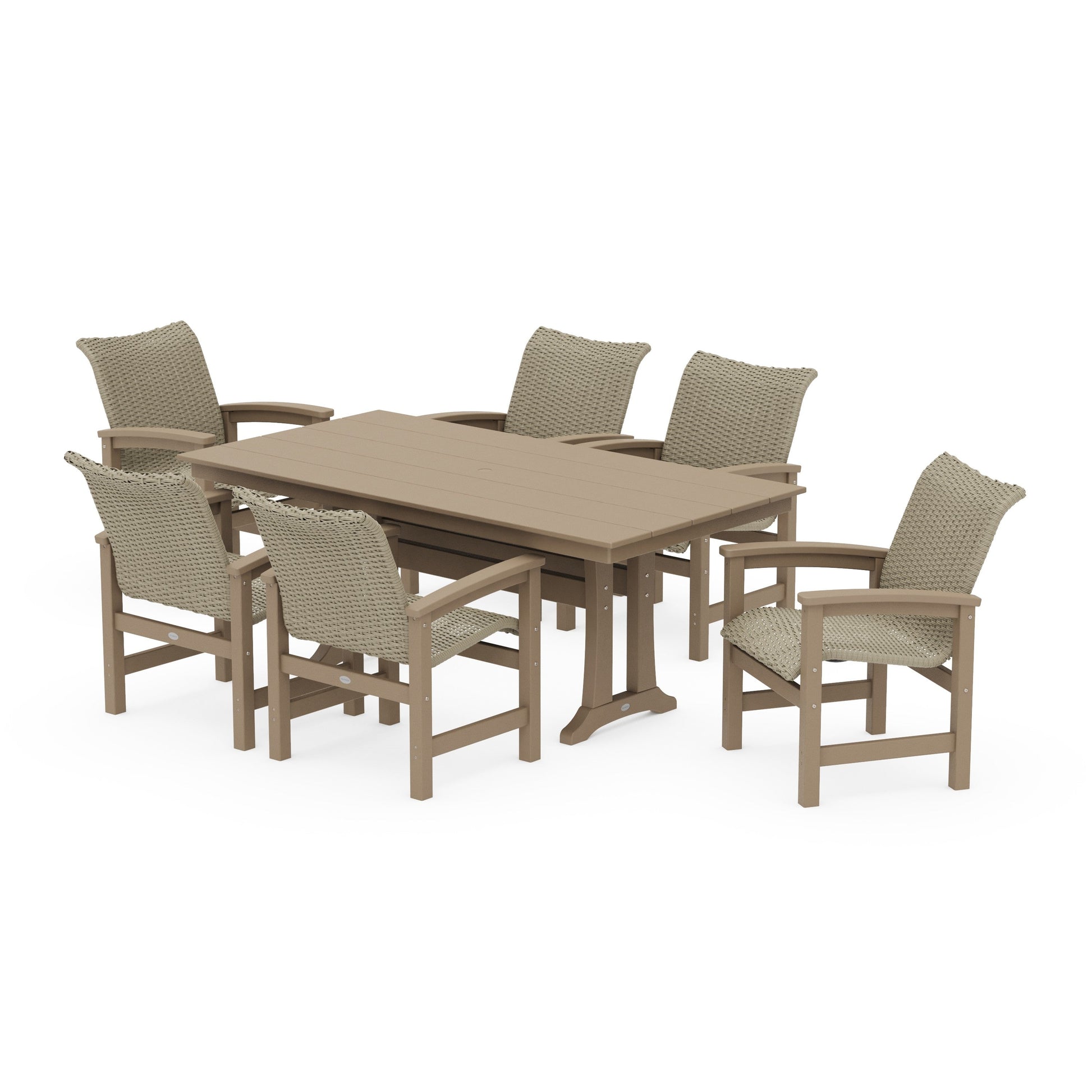 POLYWOOD Coastal Woven Arm Chair 7-Piece Farmhouse Dining Set with Trestle Legs — Vintage Sahara / Dune Grass