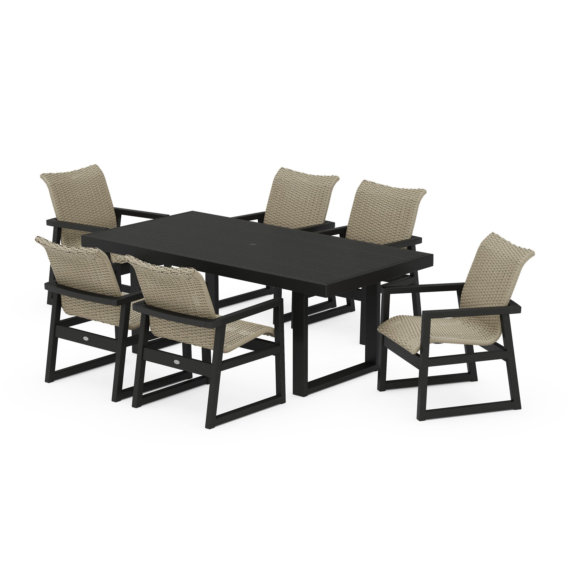POLYWOOD EDGE Woven Arm Chair 7-Piece Dining Set — Black / Dune Grass