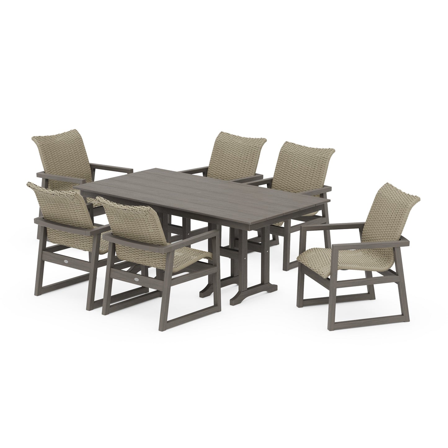 POLYWOOD EDGE Woven Arm Chair 7-Piece Farmhouse Dining Set — Driftwood / Dune Grass
