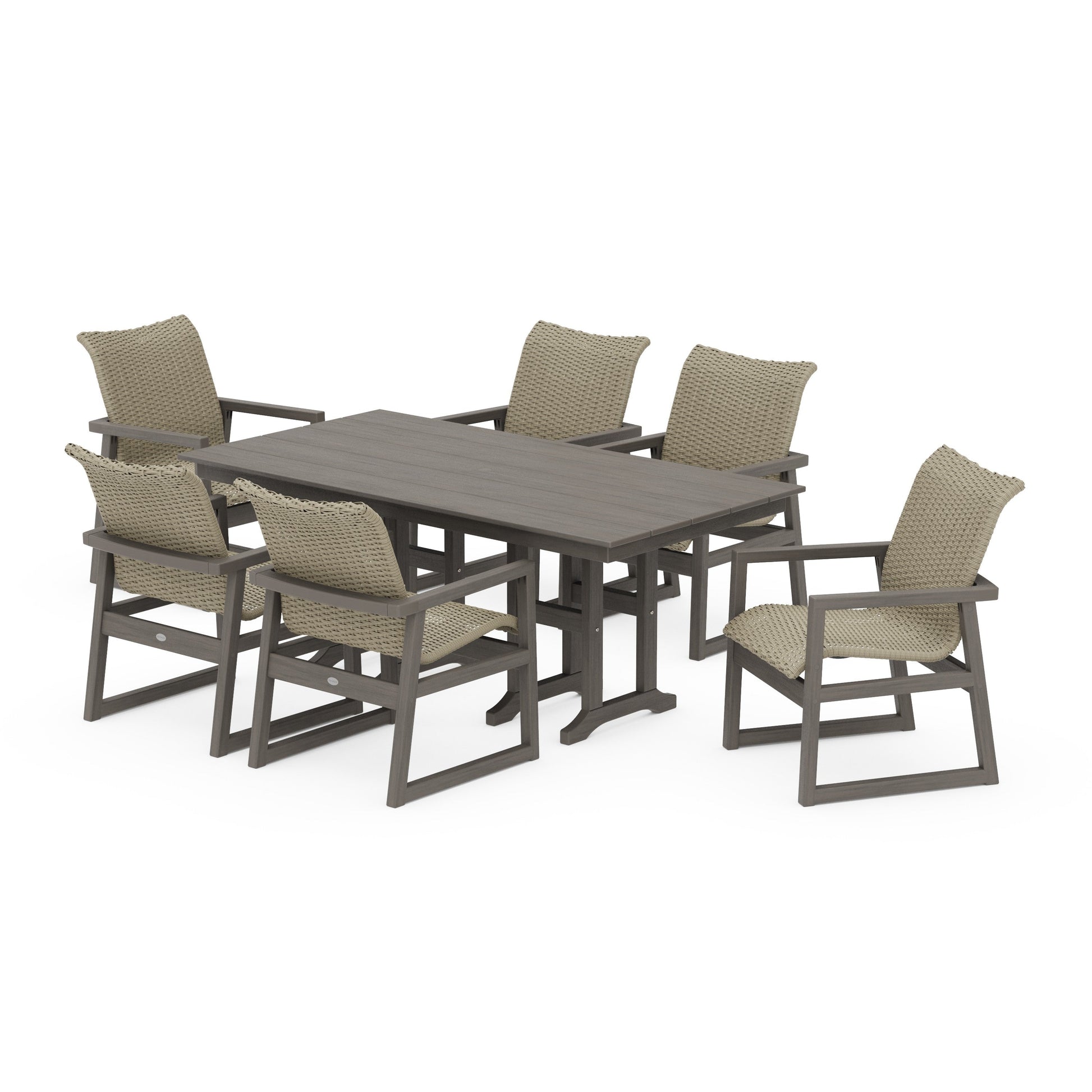 POLYWOOD EDGE Woven Arm Chair 7-Piece Farmhouse Dining Set — Driftwood / Dune Grass
