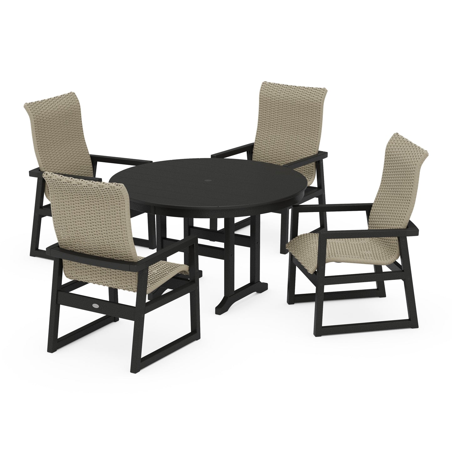 POLYWOOD EDGE Woven Highback 5-Piece Round Farmhouse Dining Set — Black / Dune Grass