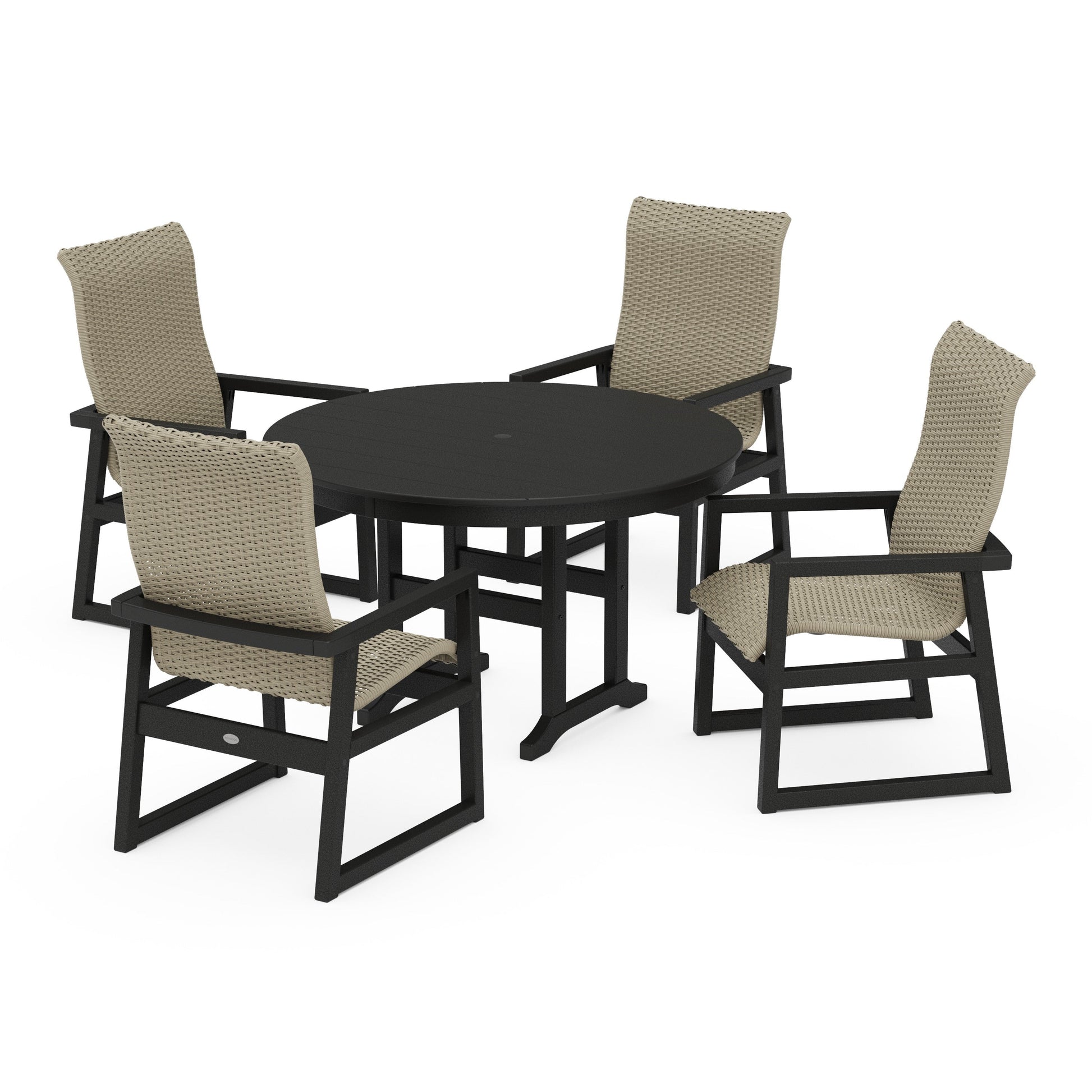 POLYWOOD EDGE Woven Highback 5-Piece Round Farmhouse Dining Set — Black / Dune Grass