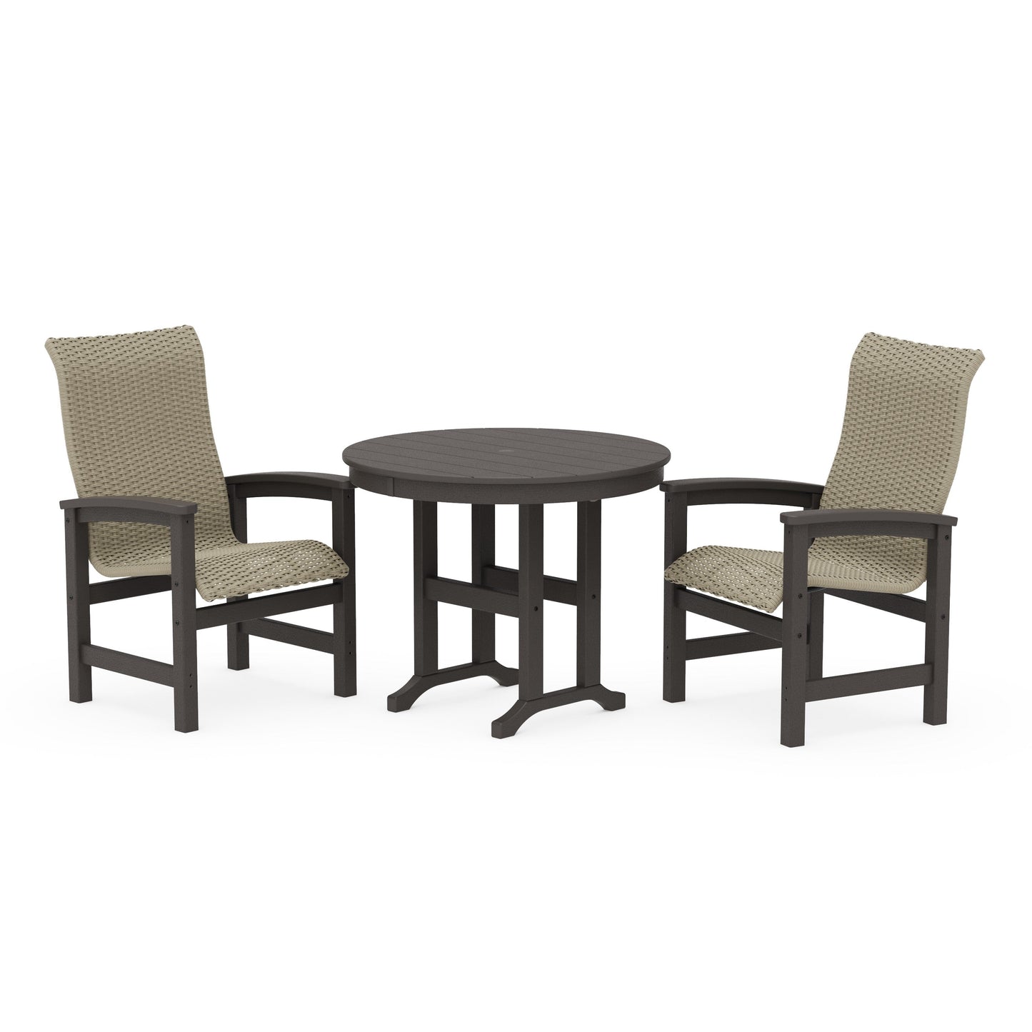POLYWOOD Coastal Woven High-Back 3-Piece Farmhouse Dining Set — Vintage Coffee / Dune Grass
