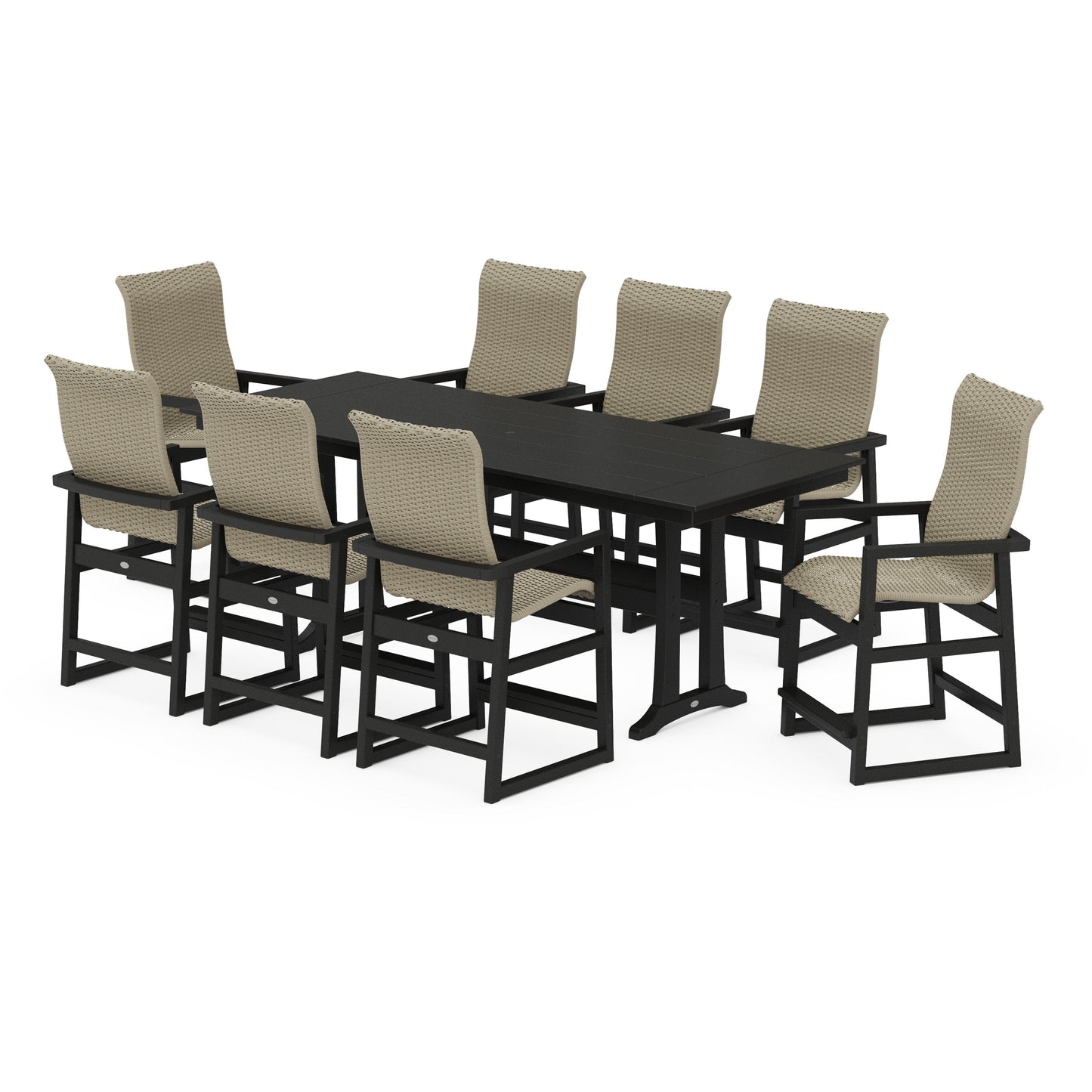 POLYWOOD EDGE Woven Highback 9-Piece Farmhouse Counter Set with Trestle Legs — Black / Dune Grass