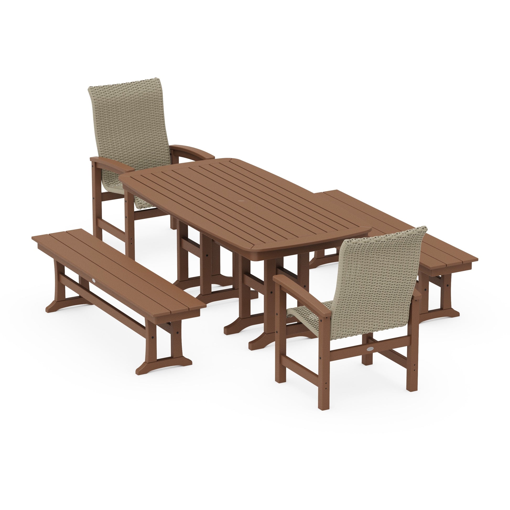 POLYWOOD Coastal Woven High-Back 5-Piece Dining Set with Benches — Teak / Dune Grass