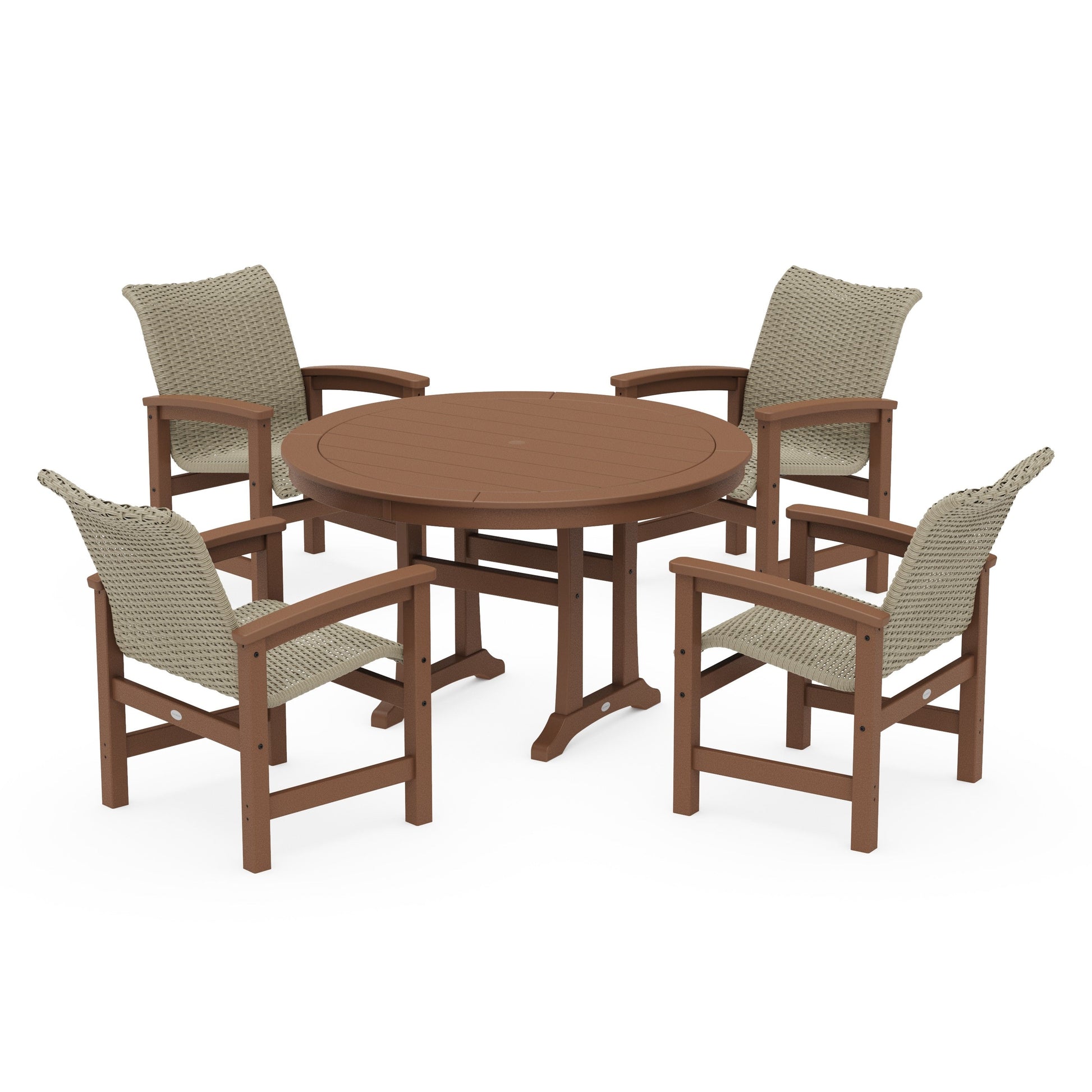 POLYWOOD Coastal Woven 5-Piece Round Dining Set with Trestle Legs — Teak / Dune Grass