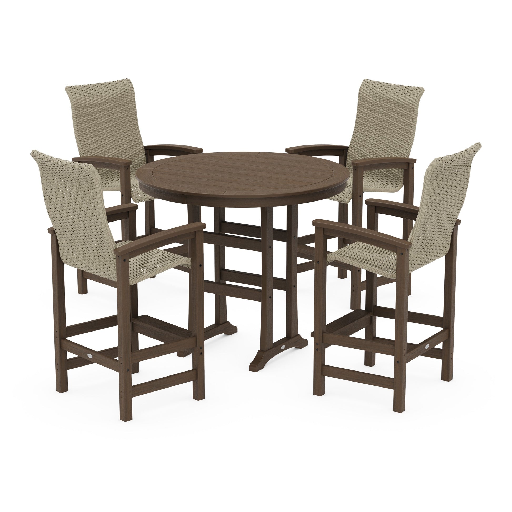POLYWOOD Coastal Woven High-Back 5-Piece Round Bar Set — Kona / Dune Grass
