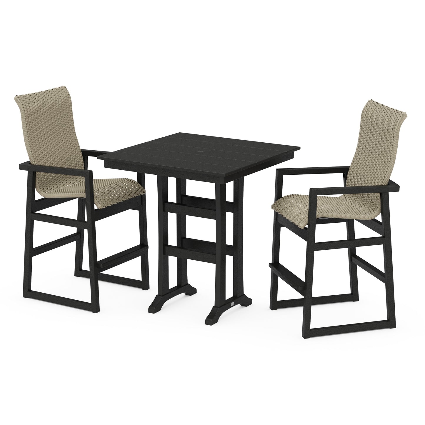 POLYWOOD EDGE Woven Highback 3-Piece Farmhouse Bar Set with Trestle Legs — Black / Dune Grass
