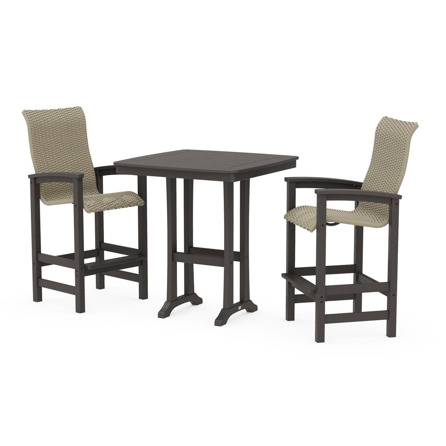 POLYWOOD Coastal Woven High-Back 3-Piece Bar Set — Vintage Coffee / Dune Grass