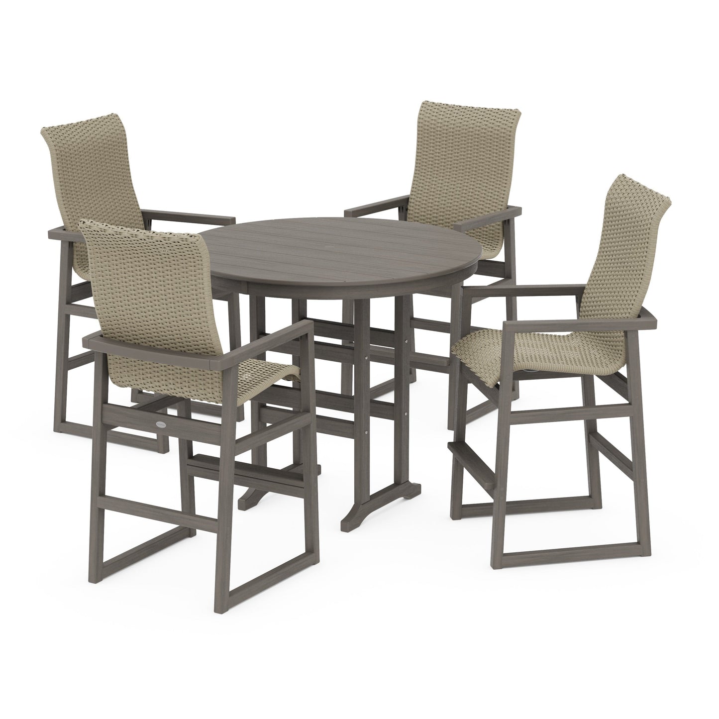 POLYWOOD EDGE Woven Highback 5-Piece Round Farmhouse Bar Set — Driftwood / Dune Grass