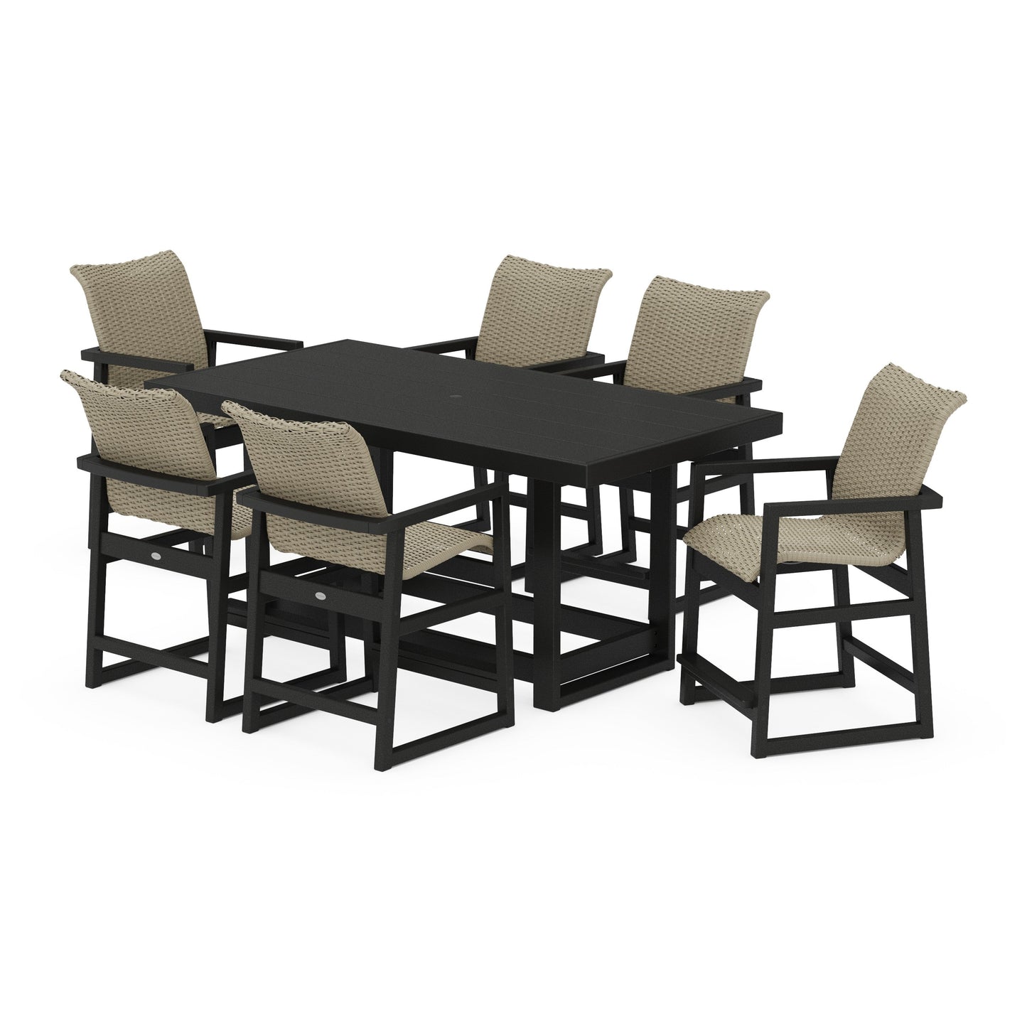 POLYWOOD EDGE Woven Arm Chair 7-Piece Counter Set — Black / Dune Grass