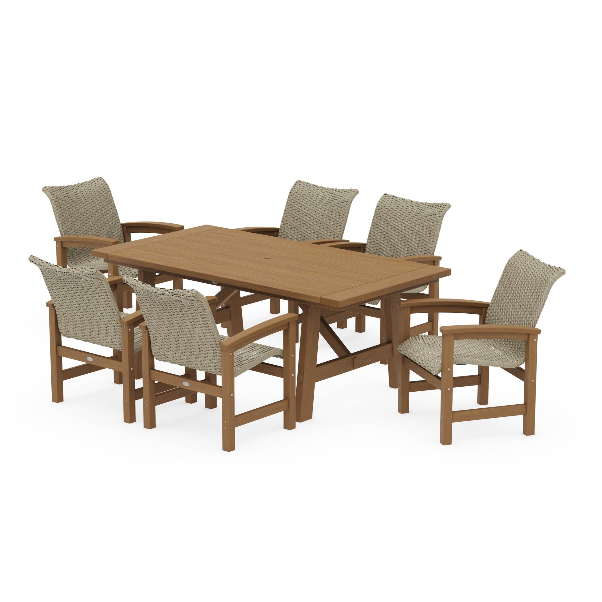 POLYWOOD Coastal Woven Arm Chair 7-Piece Rustic Farmhouse Dining Set — Natural / Dune Grass